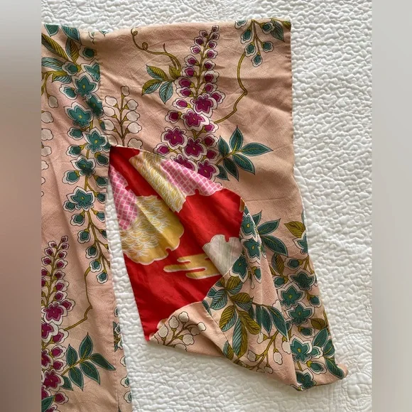 Vintage 👘 Silk Floral Kimono Robe Peach Pink Green Cherry blossom 🌸 OS - Picture 8 of 10
